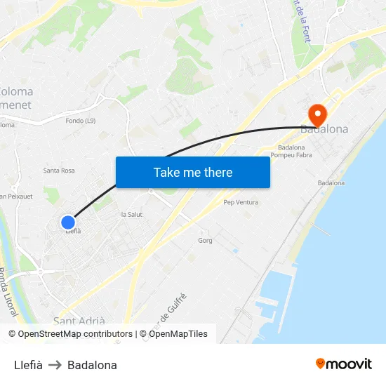 Llefià to Badalona map