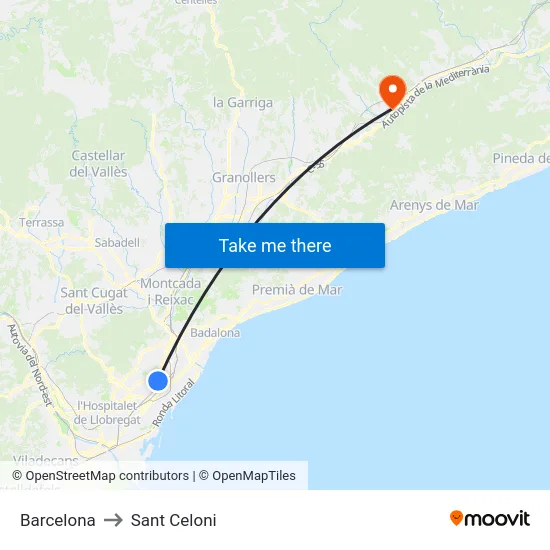 Barcelona to Sant Celoni map