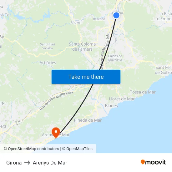 Girona to Arenys De Mar map