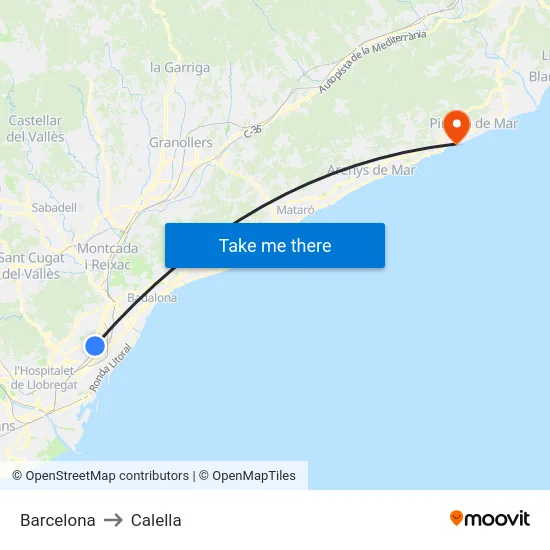 Barcelona to Calella map