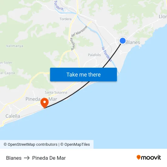 Blanes to Pineda De Mar map