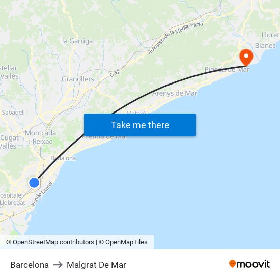 Barcelona to Malgrat De Mar map