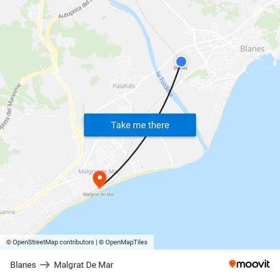 Blanes to Malgrat De Mar map