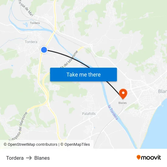 Tordera to Blanes map