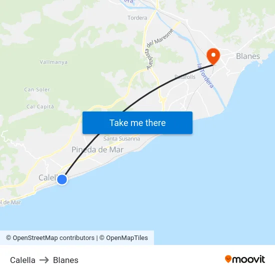 Calella to Blanes map