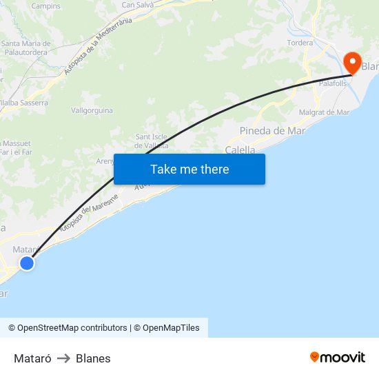 Mataró to Blanes map