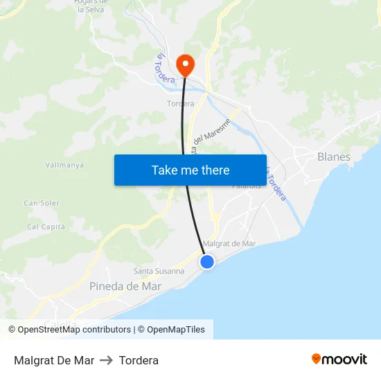 Malgrat De Mar to Tordera map