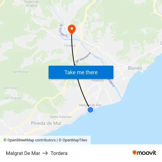 Malgrat De Mar to Tordera map