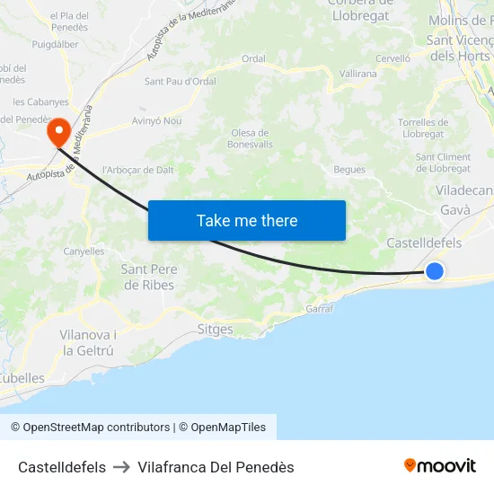 Castelldefels to Vilafranca Del Penedès map