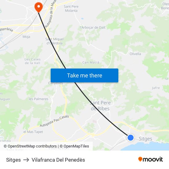Sitges to Vilafranca Del Penedès map