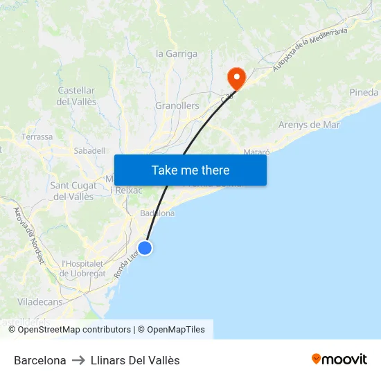 Barcelona to Llinars Del Vallès map