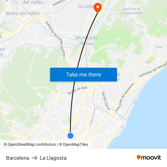 Barcelona to La Llagosta map