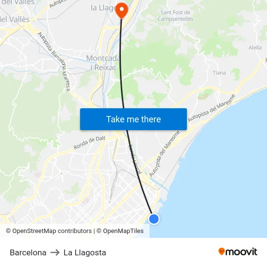 Barcelona to La Llagosta map
