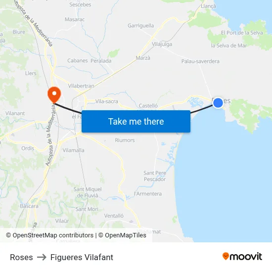 Roses to Figueres Vilafant map