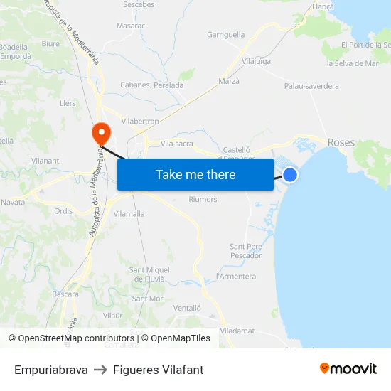 Empuriabrava to Figueres Vilafant map