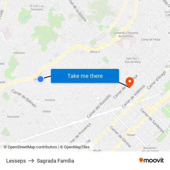 Lesseps to Sagrada Família map