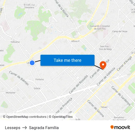 Lesseps to Sagrada Família map