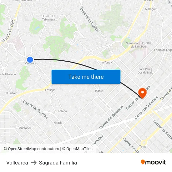 Vallcarca to Sagrada Família map