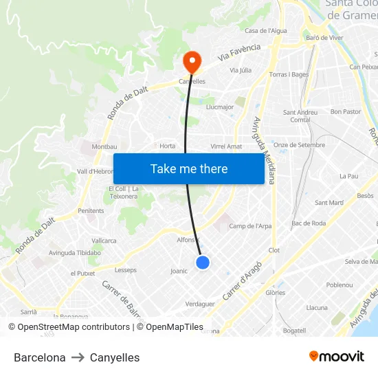 Barcelona to Canyelles map