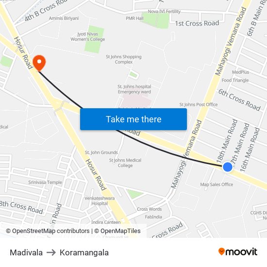 Madivala to Koramangala map