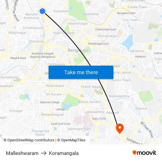 Malleshwaram to Koramangala map