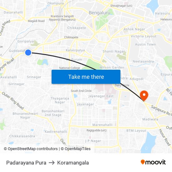 Padarayana Pura to Koramangala map