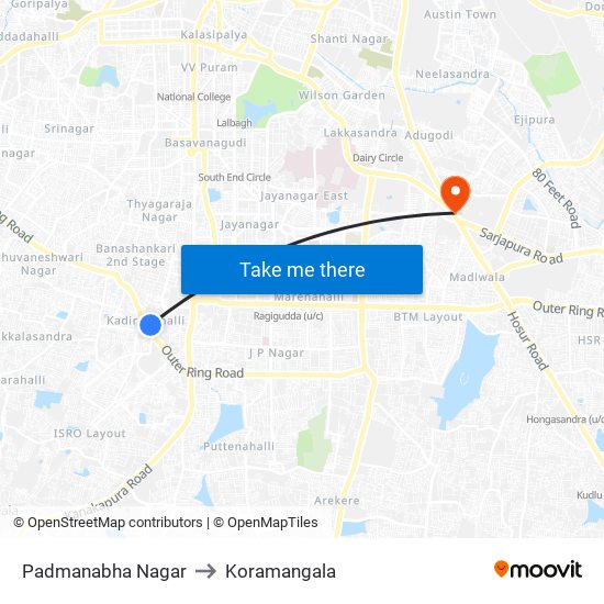 Padmanabha Nagar to Koramangala map