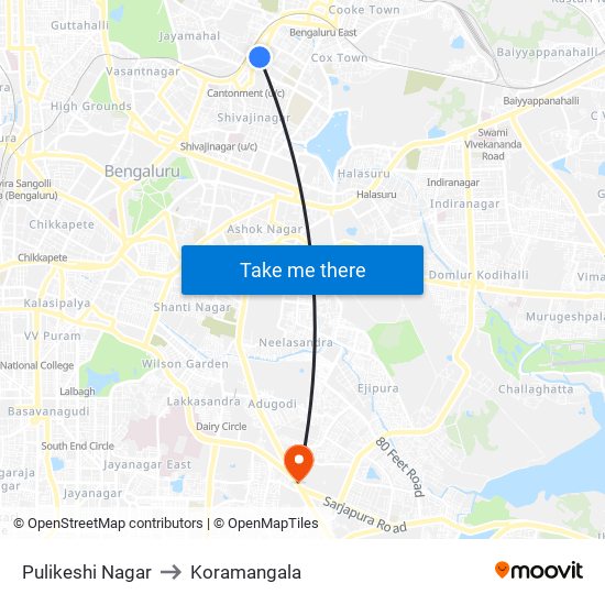 Pulikeshi Nagar to Koramangala map