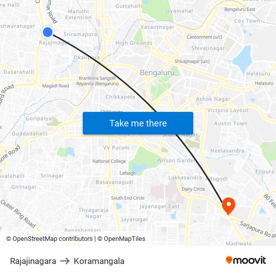 Rajajinagara to Koramangala map