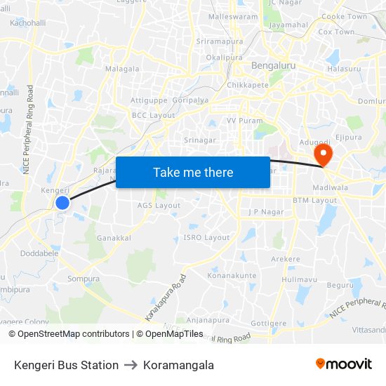 Kengeri Bus Station to Koramangala map