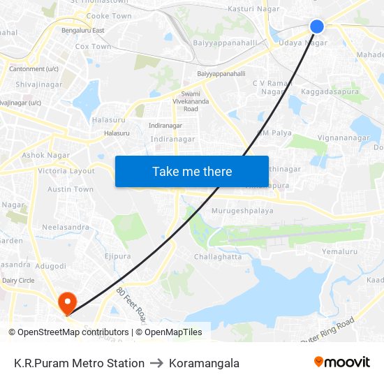 K.R.Puram Metro Station to Koramangala map