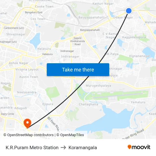 K.R.Puram Metro Station to Koramangala map