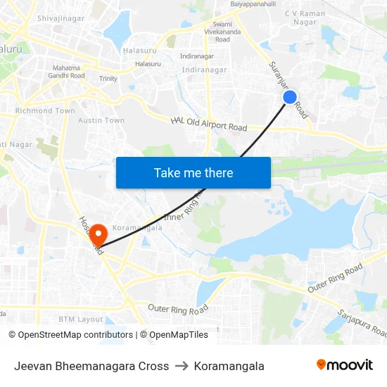 Jeevan Bheemanagara Cross to Koramangala map