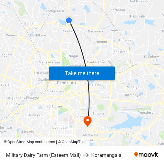 Military Dairy Farm (Esteem Mall) to Koramangala map