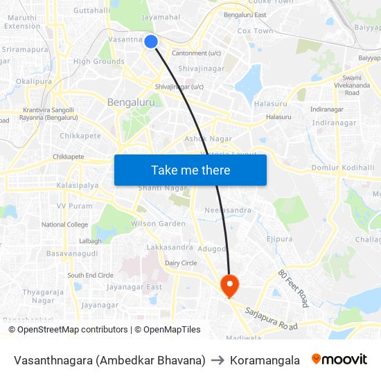 Vasanthnagara (Ambedkar Bhavana) to Koramangala map