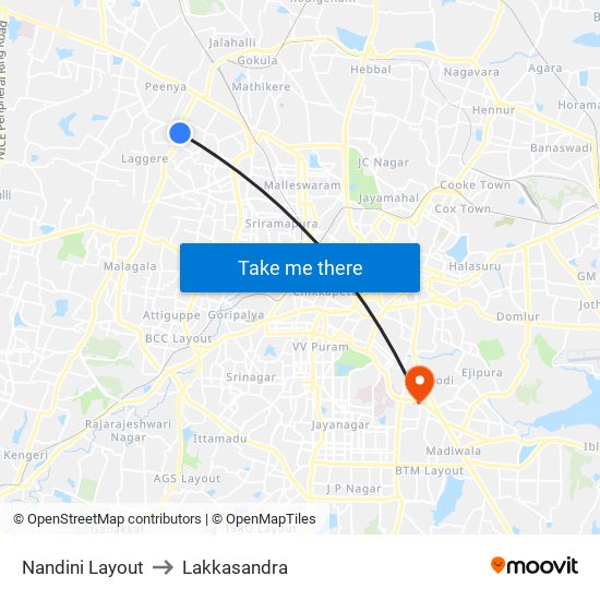 Nandini Layout to Lakkasandra map