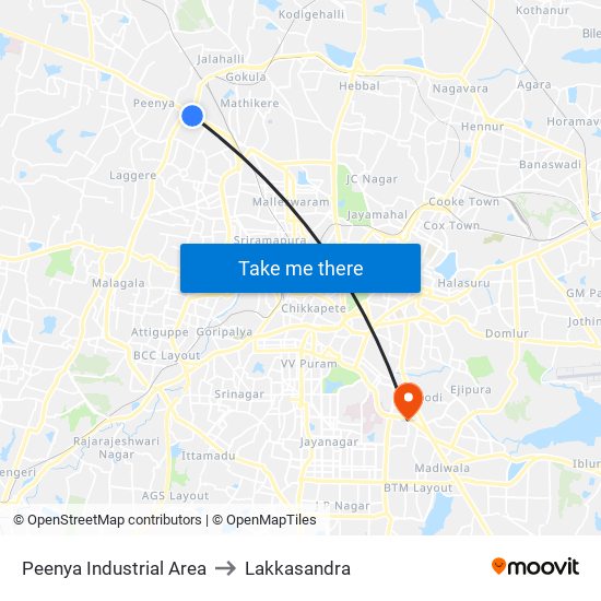Peenya Industrial Area to Lakkasandra map