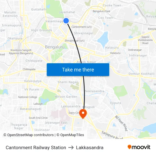 Cantonment Railway Station to Lakkasandra map