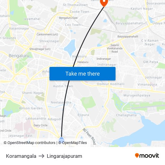 Koramangala to Lingarajapuram map