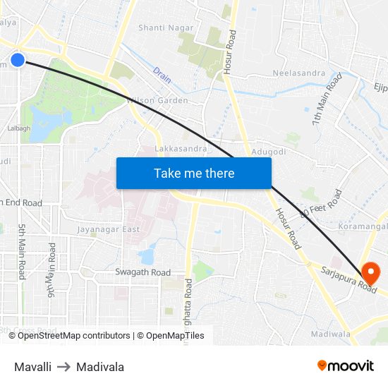 Mavalli to Madivala map