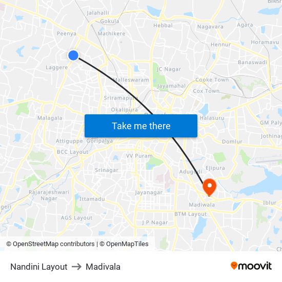 Nandini Layout to Madivala map