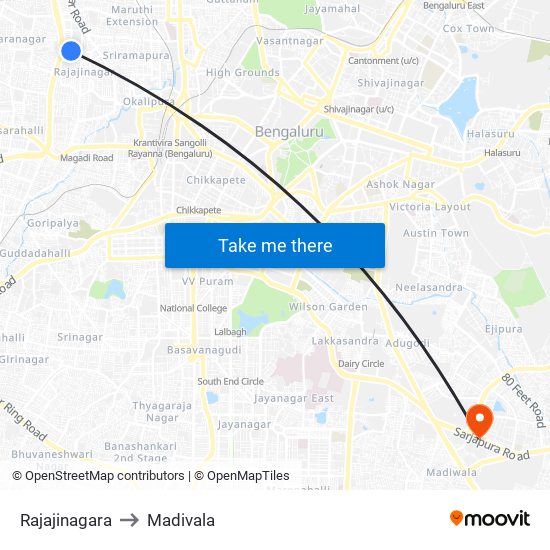 Rajajinagara to Madivala map