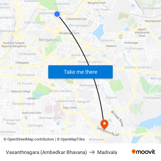 Vasanthnagara (Ambedkar Bhavana) to Madivala map