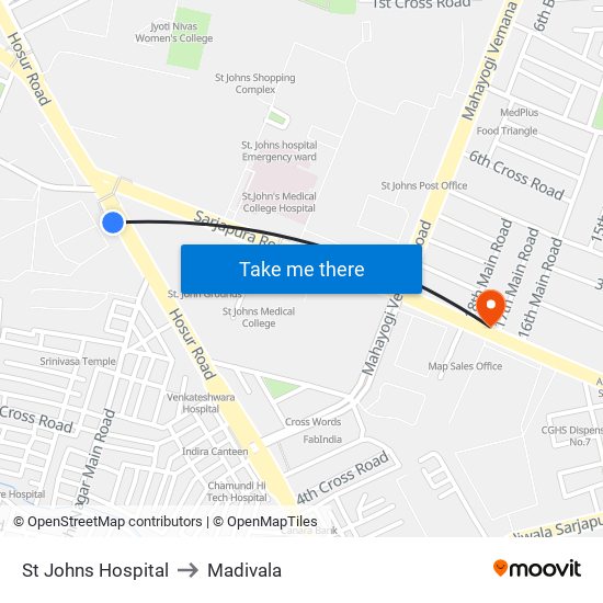 St Johns Hospital to Madivala map