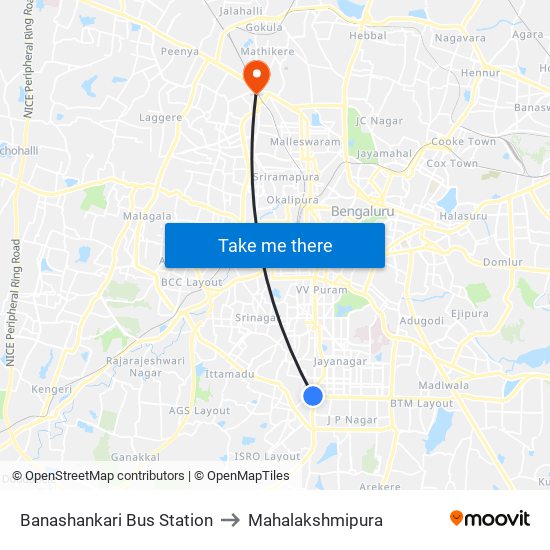 Banashankari Bus Station to Mahalakshmipura map