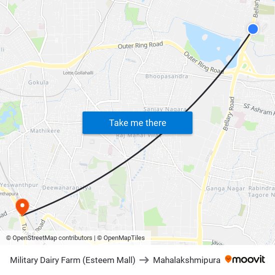 Military Dairy Farm (Esteem Mall) to Mahalakshmipura map