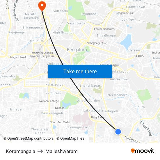 Koramangala to Malleshwaram map