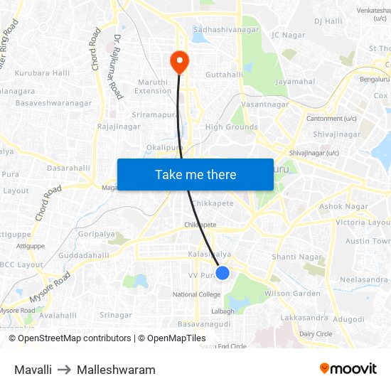 Mavalli to Malleshwaram map