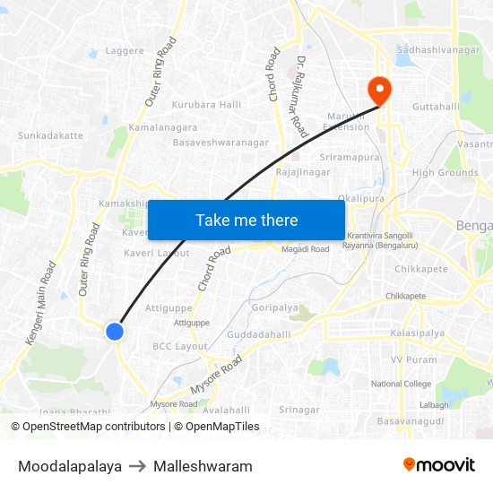 Moodalapalaya to Malleshwaram map