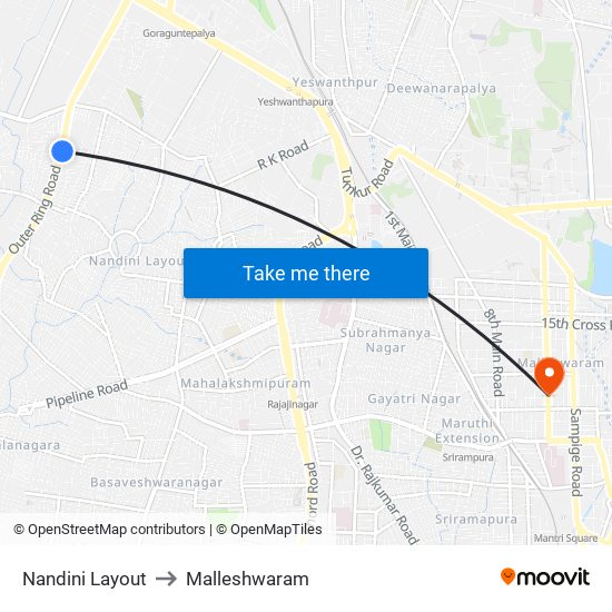 Nandini Layout to Malleshwaram map